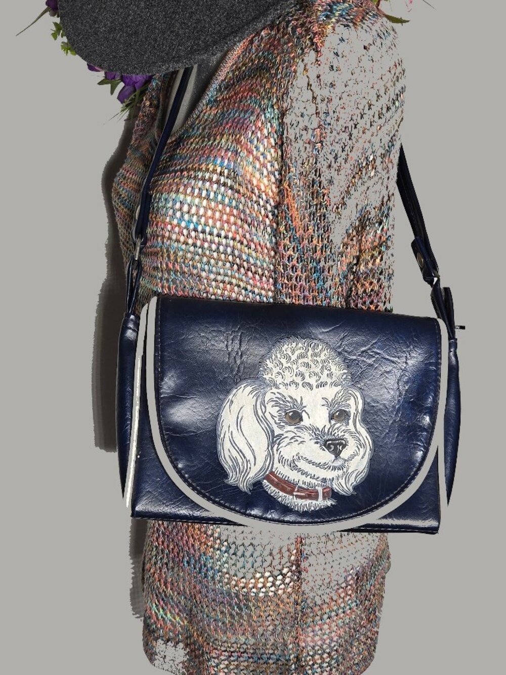 Vintage Navy Blue Faux Leather White Poodle Graphic Crossbody Flap Bag